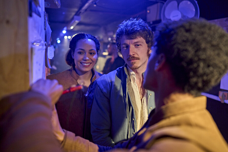 Hamnet. Ajani Cabey speaks to Madeleine Mantock and Tom Varey backstage Credit: Bread and Butter PR 