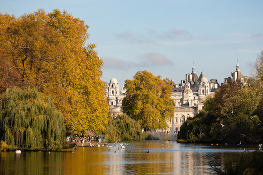 View of autumn trees over the lake towards Horse Guards Parade