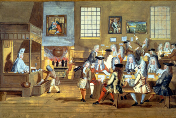 2BJ048W A caricature of Lloyd's Coffee House from the 17th century.