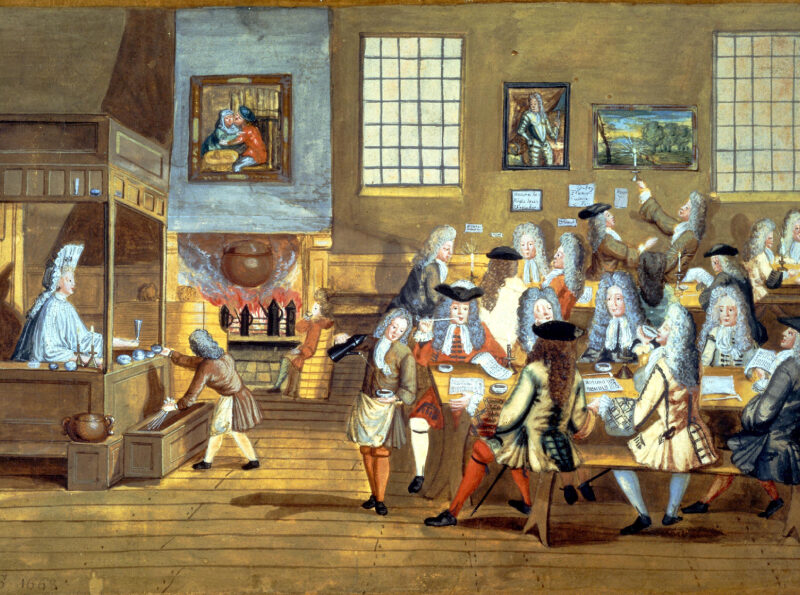 2BJ048W A caricature of Lloyd's Coffee House from the 17th century.